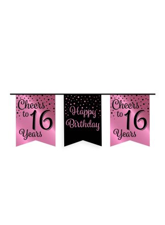 Party flag banner rose/black 16jaar