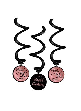 3 Swirl decorations rose/black 50jaar