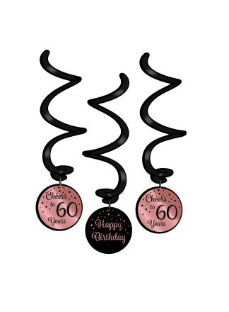 3 Swirl decorations rose/black 60jaar