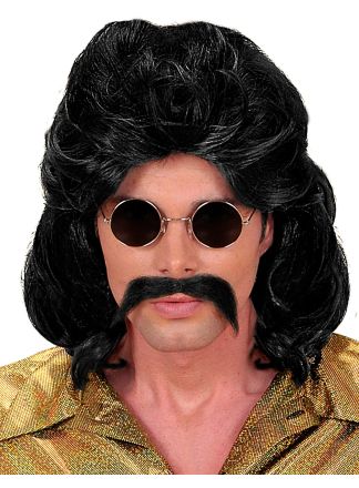 Pruik 70's man met snor zwart