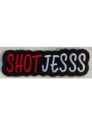 Strijkembleem Shotjesss.... Rood-wit (10x3cm.)