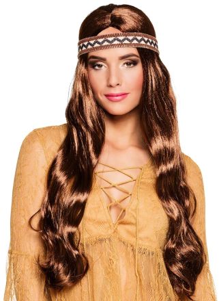 Hippie bruine dames pruik met hoofdband
