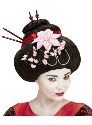 Geisha pruik met bloemen en stokjes